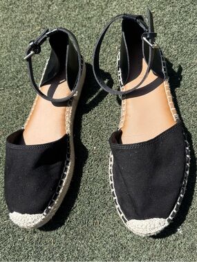 Old Navy Black Suede Espadrille Flats Brown Ankle Straps Cottagecore Women’s 8
